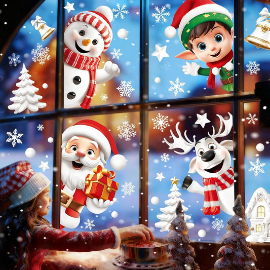 Natonhi 155pcs Christmas Window Clings for Glass, 9 Sheet Christmas Window Decorations Snowflake Santa Reindeer Snowman Stickers for Wtiner Holiday Indoor Windows Decorations Decals