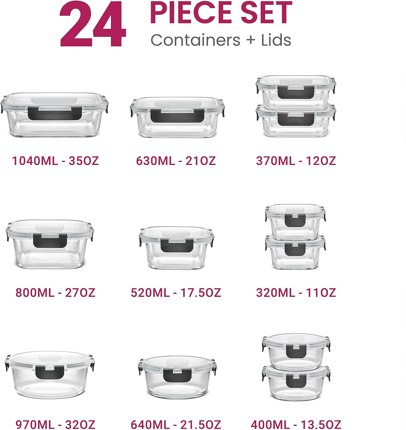 FineDine Airtight Glass Storage Containers with Hinged Locking Lid BPA Free for Meal Prep/Moving/Freezer/Oven