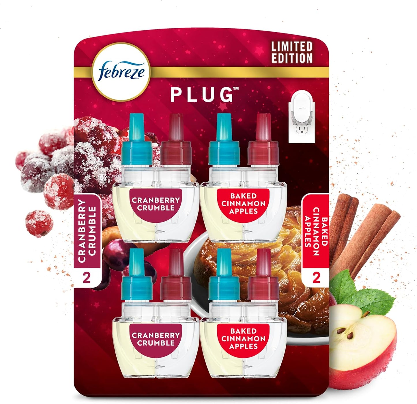 Febreze Odor-Fighting Fade Defy PLUG Air Freshener Baked Cinnamon Apple, Cranberry Crumble, .87 fl. oz. Oil Refill, 2 of Each
