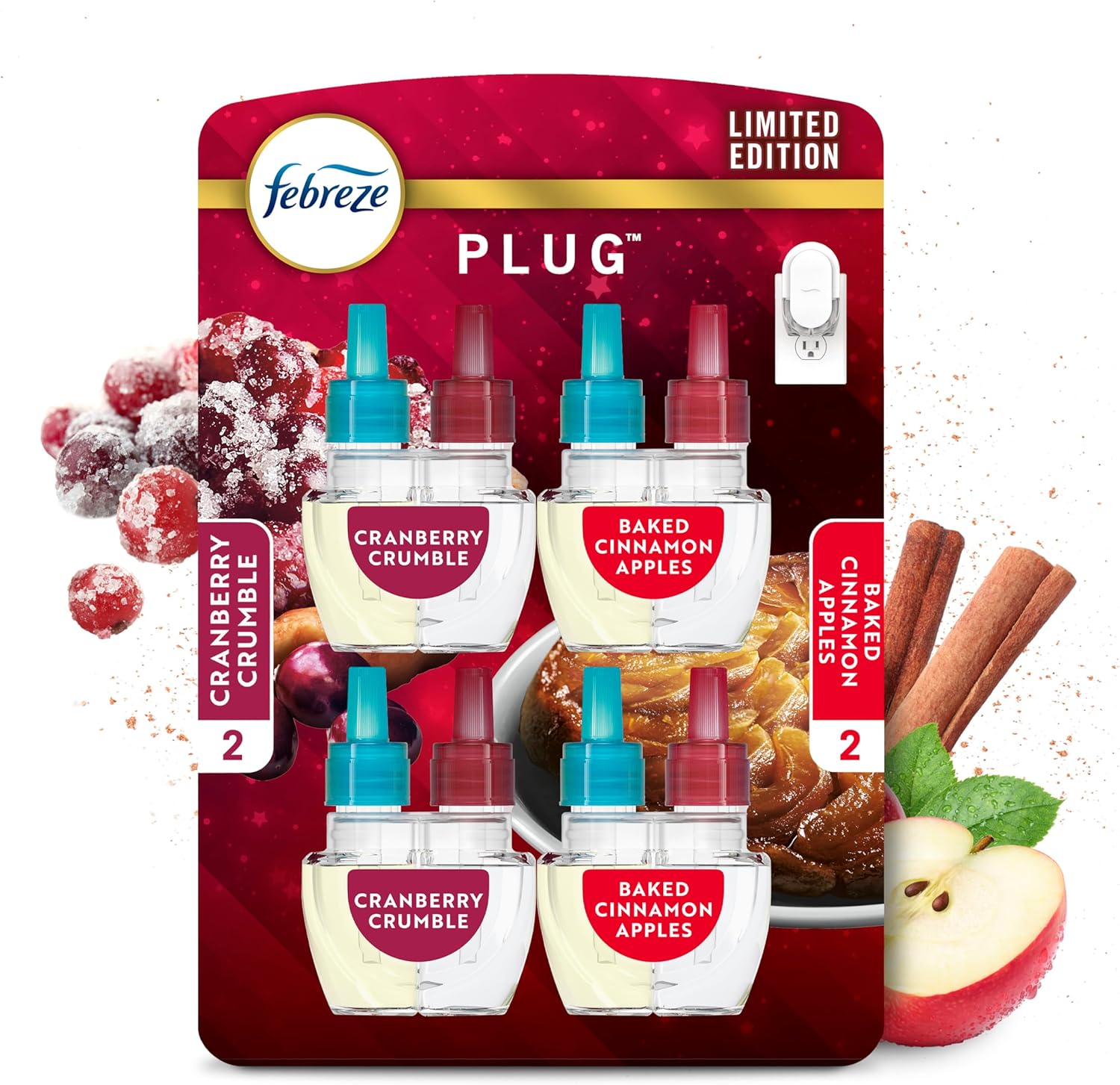 Febreze Odor-Fighting Fade Defy PLUG Air Freshener Baked Cinnamon Apple, Cranberry Crumble, .87 fl. oz. Oil Refill, 2 of Each