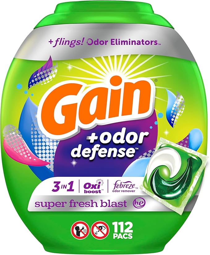 Gain Flings Laundry Detergent Pacs, 112 Count, Super Fresh Blast Scent, with Odor Defense, HE Compatible, with Febreze and Oxi