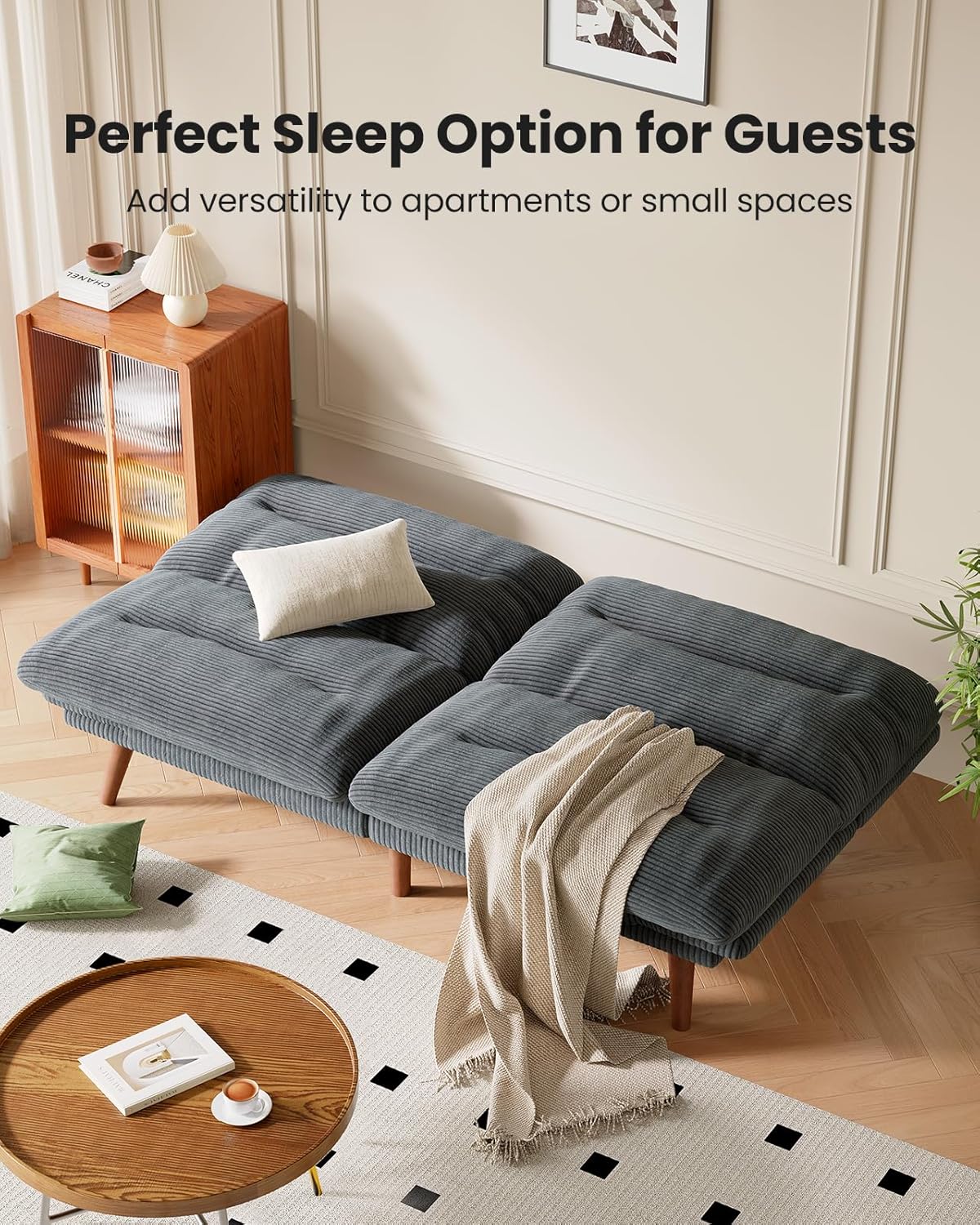 Pipishell Convertible Futon Sofa Bed,66" Corduroy Futon Couch with Adjustable Backrest and Armrests, Recliner Sleeper Sofa for Small Spaces, Play Room or Office, Grey