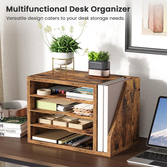 File Organizer Desktop, Wood Desk Organizer with 3 Adjustable Shelves, Mail Paper Sorter for Office, Home, File Holders for Envelopes, Mail Supplies or Magazines, Rustic Brown