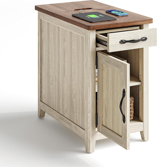 LINSY HOME Farmhouse End Table with Charging Station, Narrow Side Table for Living Room, Sofa Side Table with Drawer and Storage Cabinet, Small Nightstand for Home Office