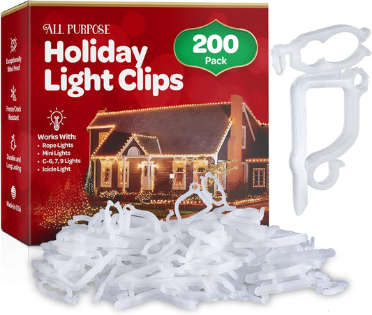 All-Purpose Holiday Light Clips [Set of 200] Christmas Clips, Outdoor Light Clips - Mount to Shingles & gutters - Works with Mini, C6, C7, C9, Rope, Icicle Lights - No Tools Required - USA Made