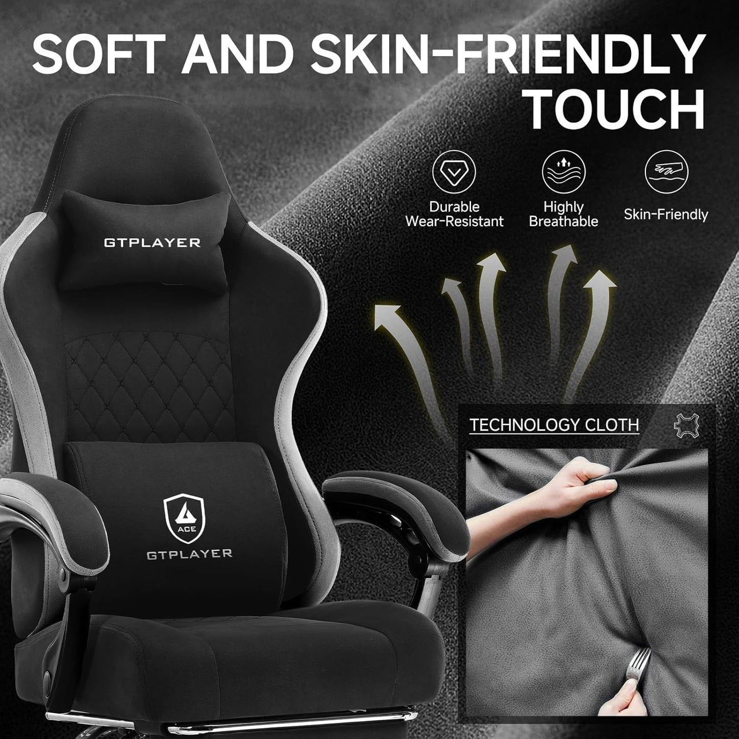 GTPLAYER Office Chair, Gaming Computer Desk Fabric Chair with Footrest, High Back Ergonomic Office Chair with Pocket Spring Lumbar Support and Linkage Armrests Adjustable Height Swivel for Home Task