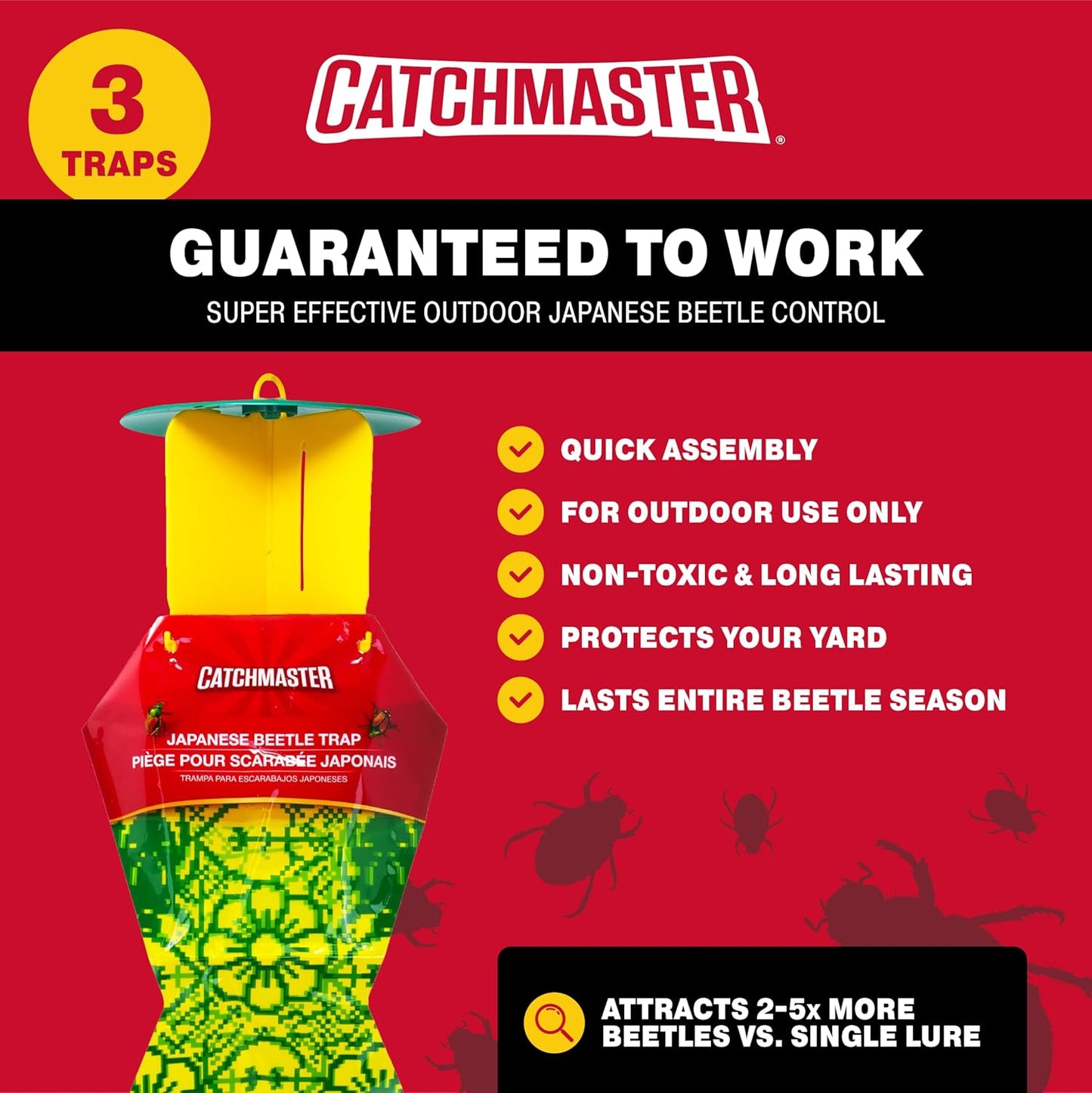 Catchmaster Japanese Beetle Traps Outdoor 3PK, Flying Insect Trap Bag with Lid & Dual Pheromone Food Lure, Hanging Bug Catcher Pest Control for Backyard & Garden, Plants, Trees, Vegetables & Flowers