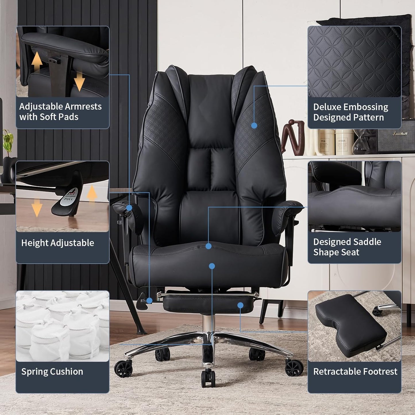 Big and Tall Office Chair 400lbs Wide Seat, Leather High Back Executive Office Chair with Foot Rest, Ergonomic Chairs Lumbar Support for Lower Back Pain Relief (Black)
