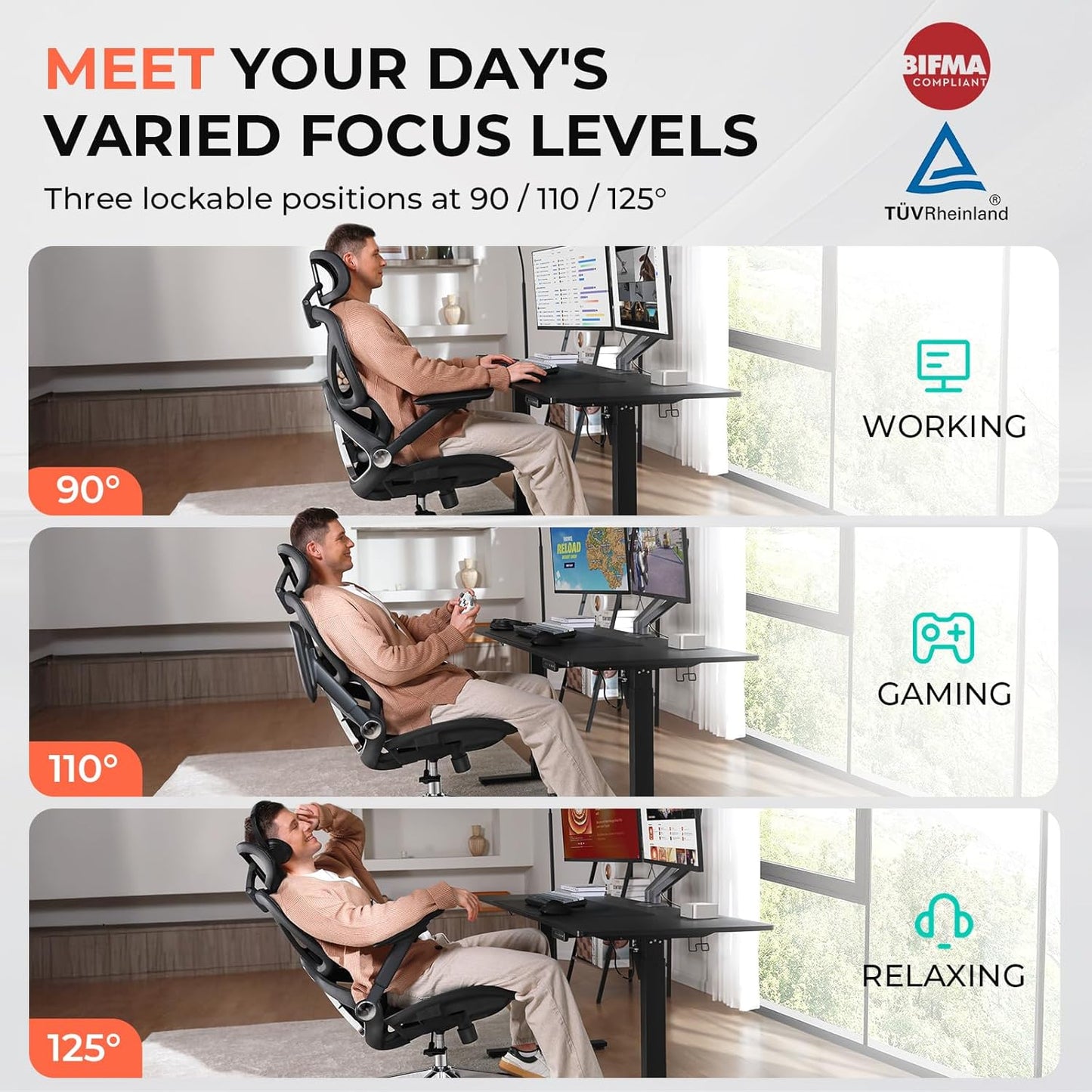 CAPOT Ergonomic Mesh Office Chair, Adjustable Lumbar High Back Desk Chair 400lbs, 4D Flip-up Arms, 3-Level Tilt Backrest, 3D Headrest, PU Wheels, Swivel Rolling Computer Chair for Long Desk Work