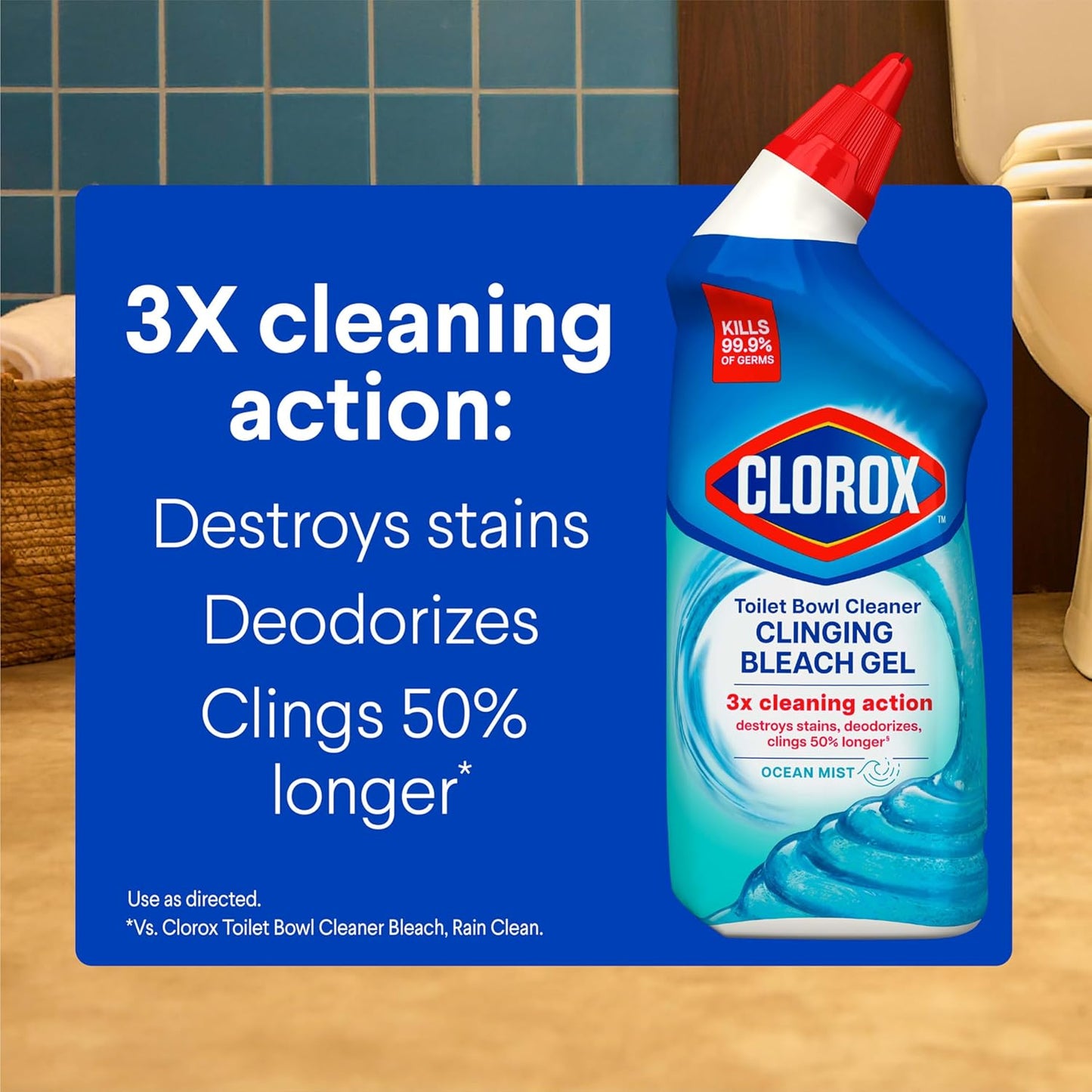Clorox Toilet Bowl Cleaner, Clinging Bleach Gel, Ocean Mist - 24 Ounces, Pack of 2