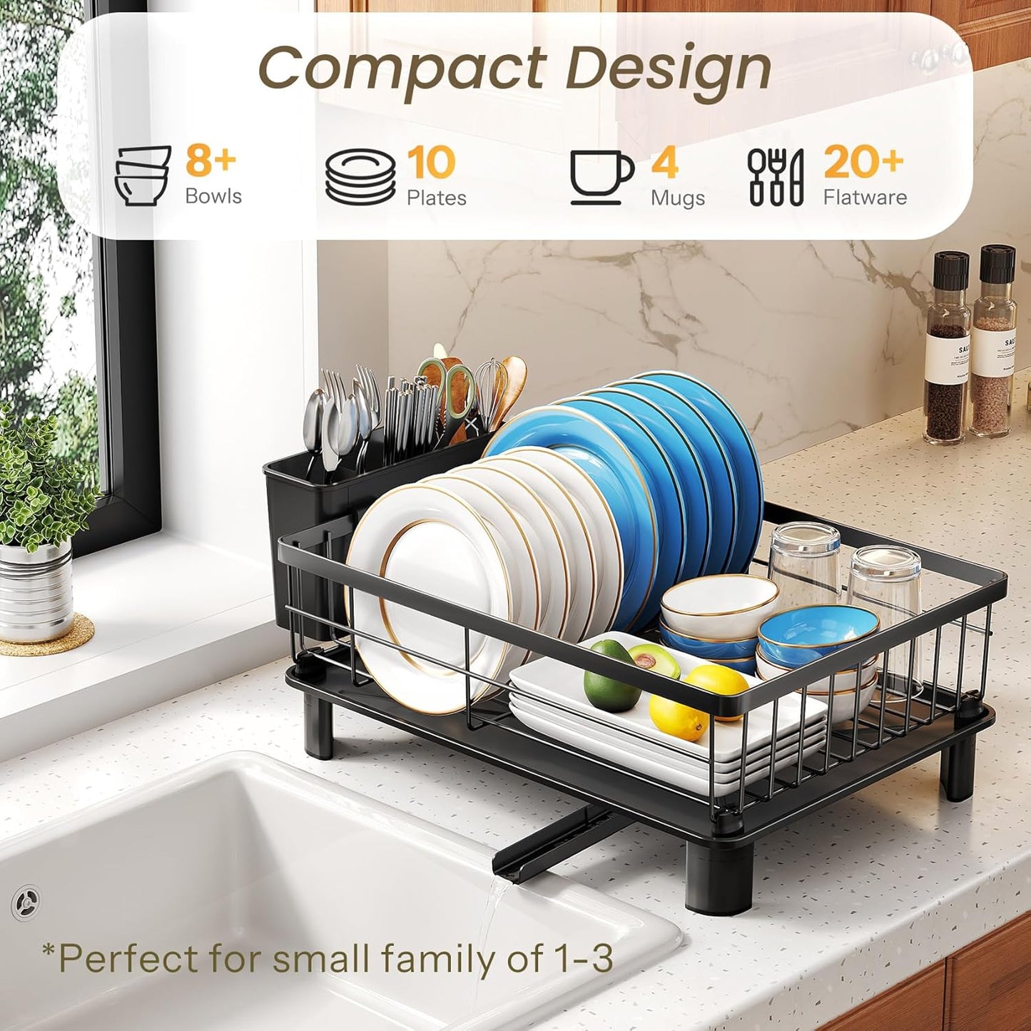 SNTD Dish Drying Rack - Small Dish Rack for Kitchen Counter, Stainless Steel Dish Drainer with Utensil Holder and Drainboard, 11" W x 15" L (Black)