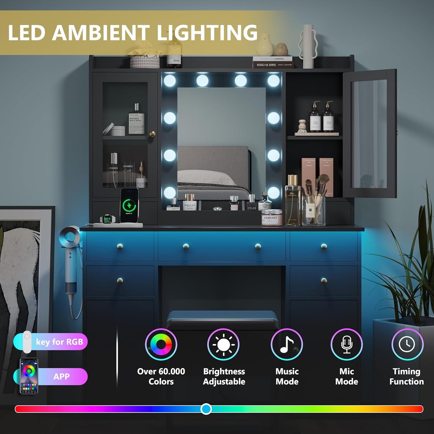 Makeup Vanity Desk with Mirror and Lights, Black Vanity Table Set with Storage Drawers, Charging Station, Cabinets & Chair, Large Dressing Table with RGB Ambient Light for Women Girls Bedroom Bathroom