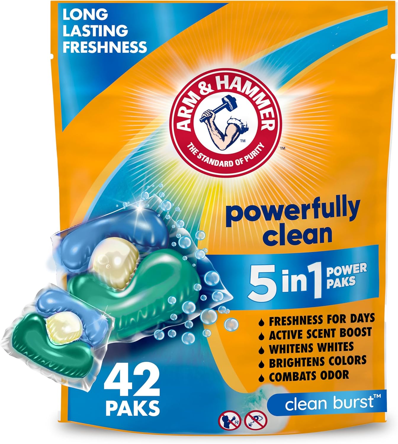 Arm & Hammer Clean Burst 5-in-1 Laundry Detergent Power Paks, High Efficieny (HE), 42 Count