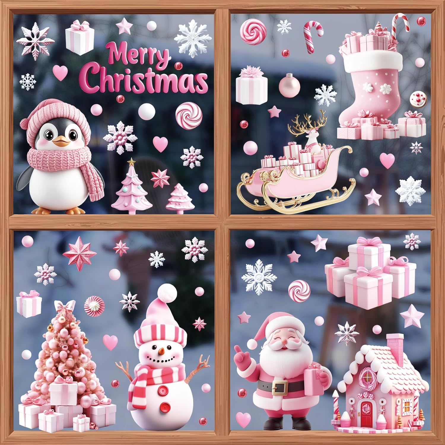Christmas Window Clings Stickers, 9 Sheets Pink Santa Snowman Penguin Snowflake Christmas Tree Static Decals for Winter Holiday Decoration