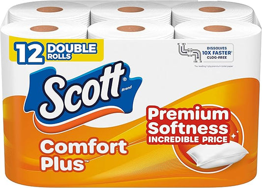 Scott ComfortPlus Toilet Paper, 12 Double Rolls, 231 Sheets per Roll, Septic-Safe, 1-Ply Toilet Tissue