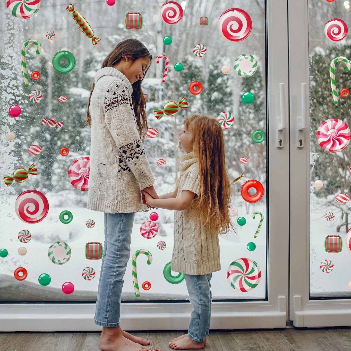 WALPLUS Christmas Window Clings Christmas Decorations Clearance Christmas Wall Sticker Double-Sided Reusable Peel and Stick Removable for Glass Living Room Xmas Peppermint Candy and Sweets 46 Pieces