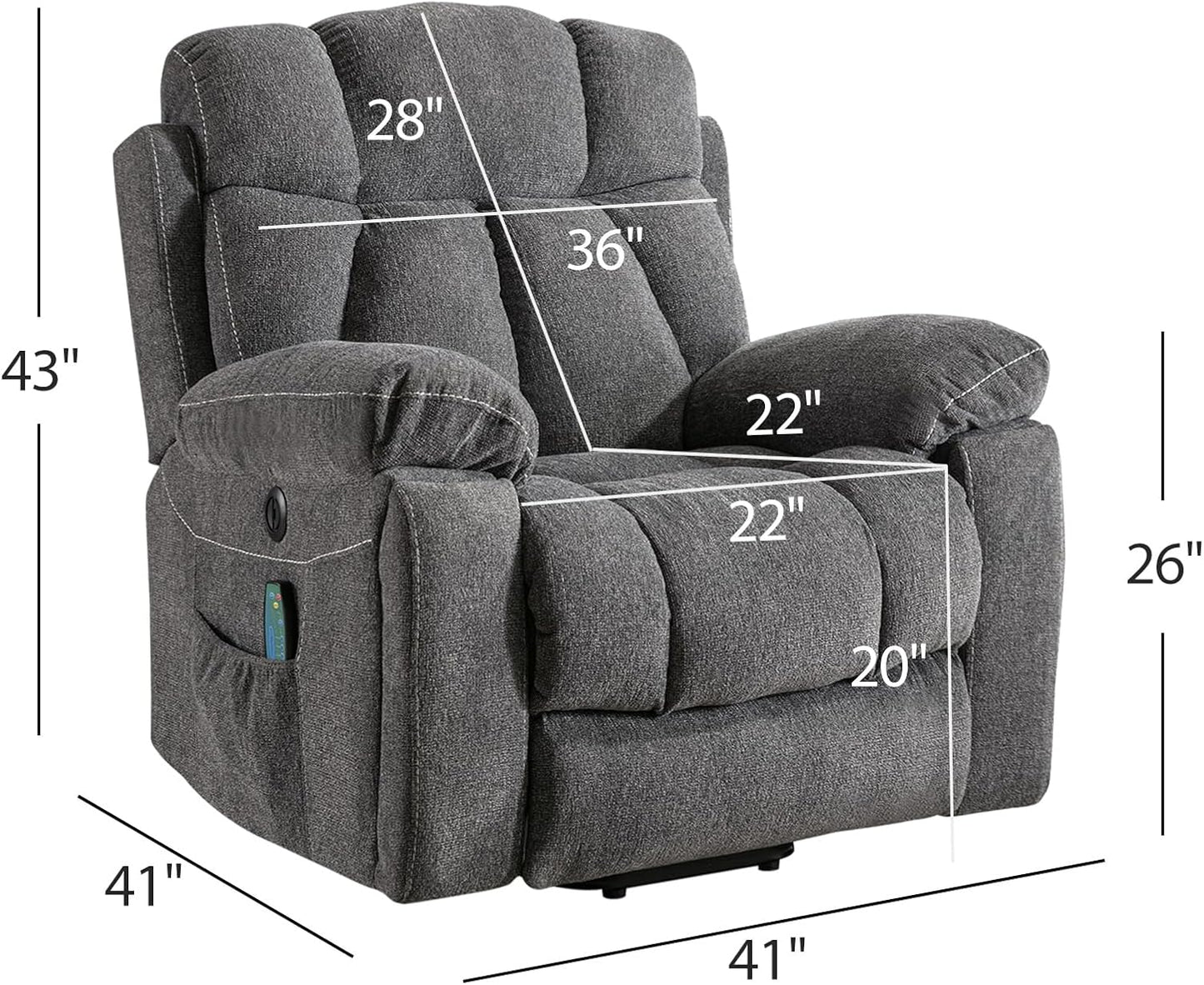 Phoenix Home Large Power Lift Recliner Chair with Massage and Heat for Elderly, Overstuffed Wide Recliners with 2 Cup Holders, Side Pocket and USB Port, Dark Gray