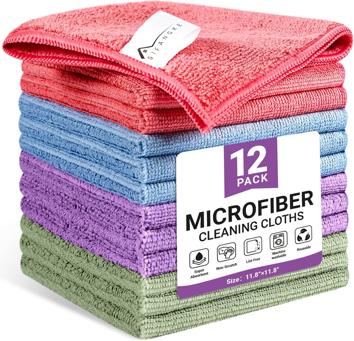 Microfiber Cleaning Cloth, 12 Pack Assorted Color Cleaning Rags for Housekeeping, Colorful Reusable Microfiber Towels for Car, Kitchen, Bathroom and Household Cleaning Supplies, 11.8"X11.8"