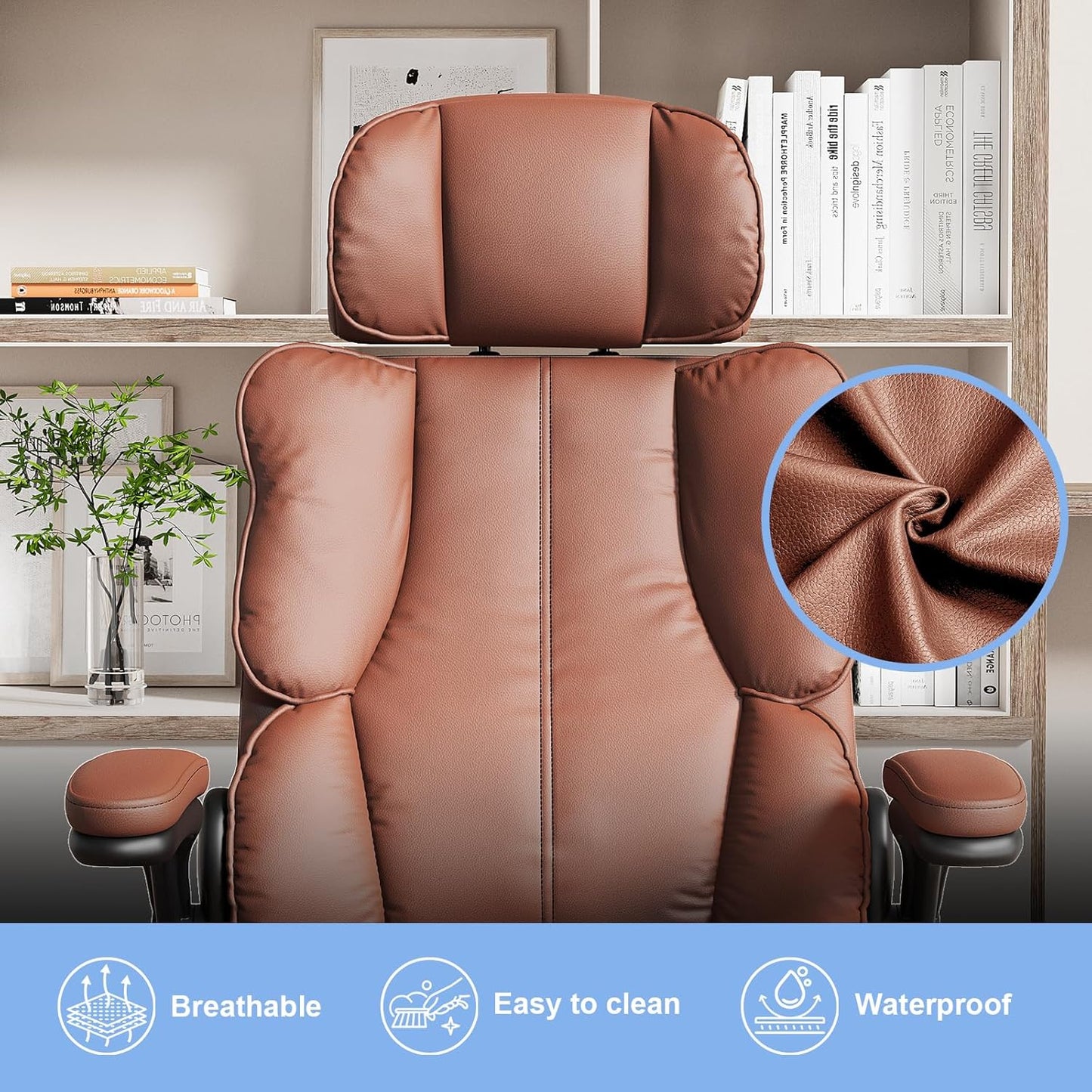 Executive Leather Office Chair, Computer Chair with Thick Cushion & Lumbar Support, Ergonomic Desk Chair with Adjustable Headrest & Armrests,Brown