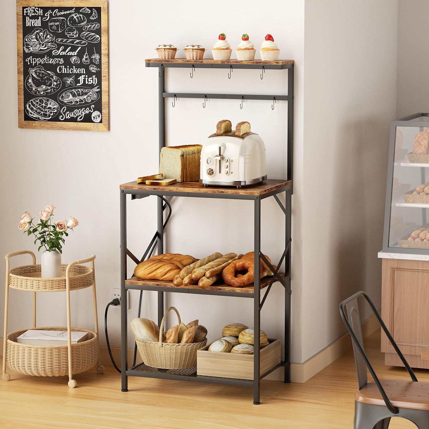 Kitchen Bakers Rack with Power Outlet, Coffee Bar Table 4 Tiers, Microwave Stand with 8 Hooks, Coffee Station and Organizer, Kitchen Storage Shelves Rack for Spices, Pots, Black