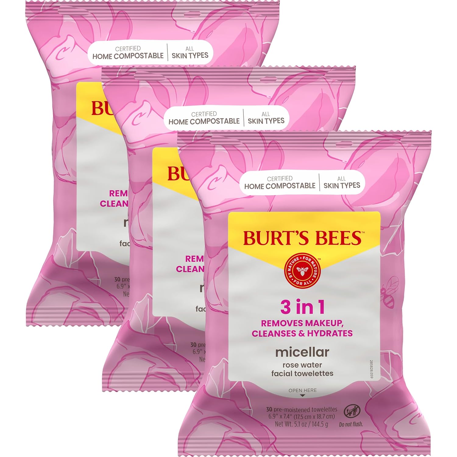 Burt's Bees Stocking Stuffers, Rose Water Face Wipes, for All Skin Types, Hydrating Micellar Makeup Remover & Facial Cleansing Towelettes, Skin Care Christmas Gifts, 30 Ct (3-Pack)