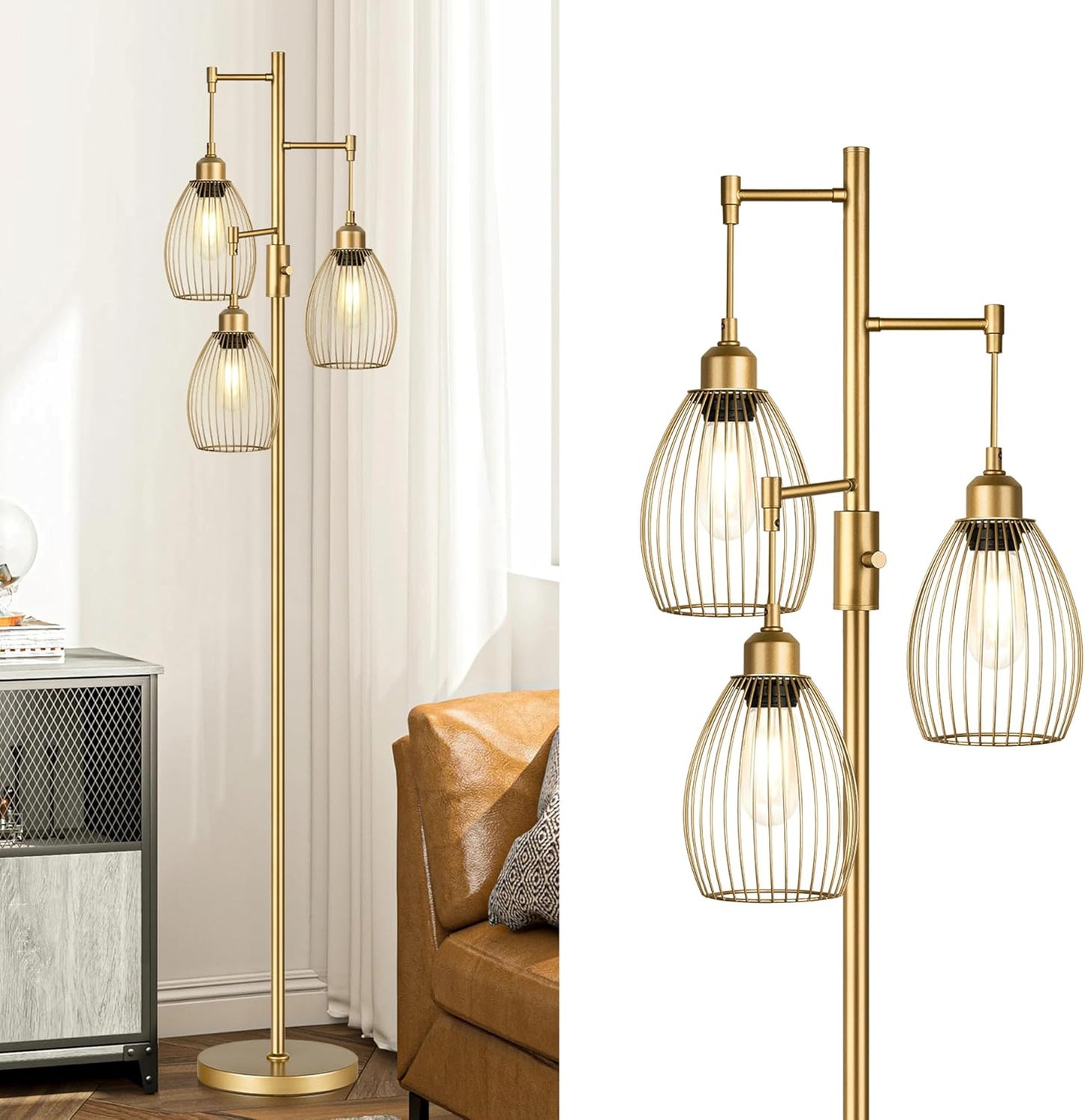 Dimmable Floor Lamp, Industrial Floor Lamps for Living Room, Gold Tree Lamp Standing Lamp Tall Lamps with 3 Elegant Teardrop Cage Head & 800 Lumens LED Bulbs for Living Room Bedroom Office