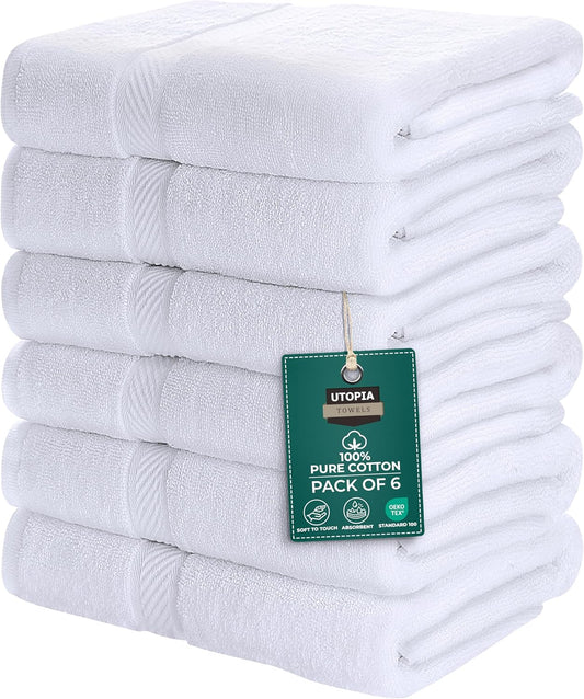 Utopia Towels 6 Pack Medium Bath Towel Set, 24 by 48 Inches, 500 GSM 100% Ring Spun Cotton, Lightweight and Highly Absorbent Quick Drying Premium Towels for Hotel, Spa and Bathroom, White