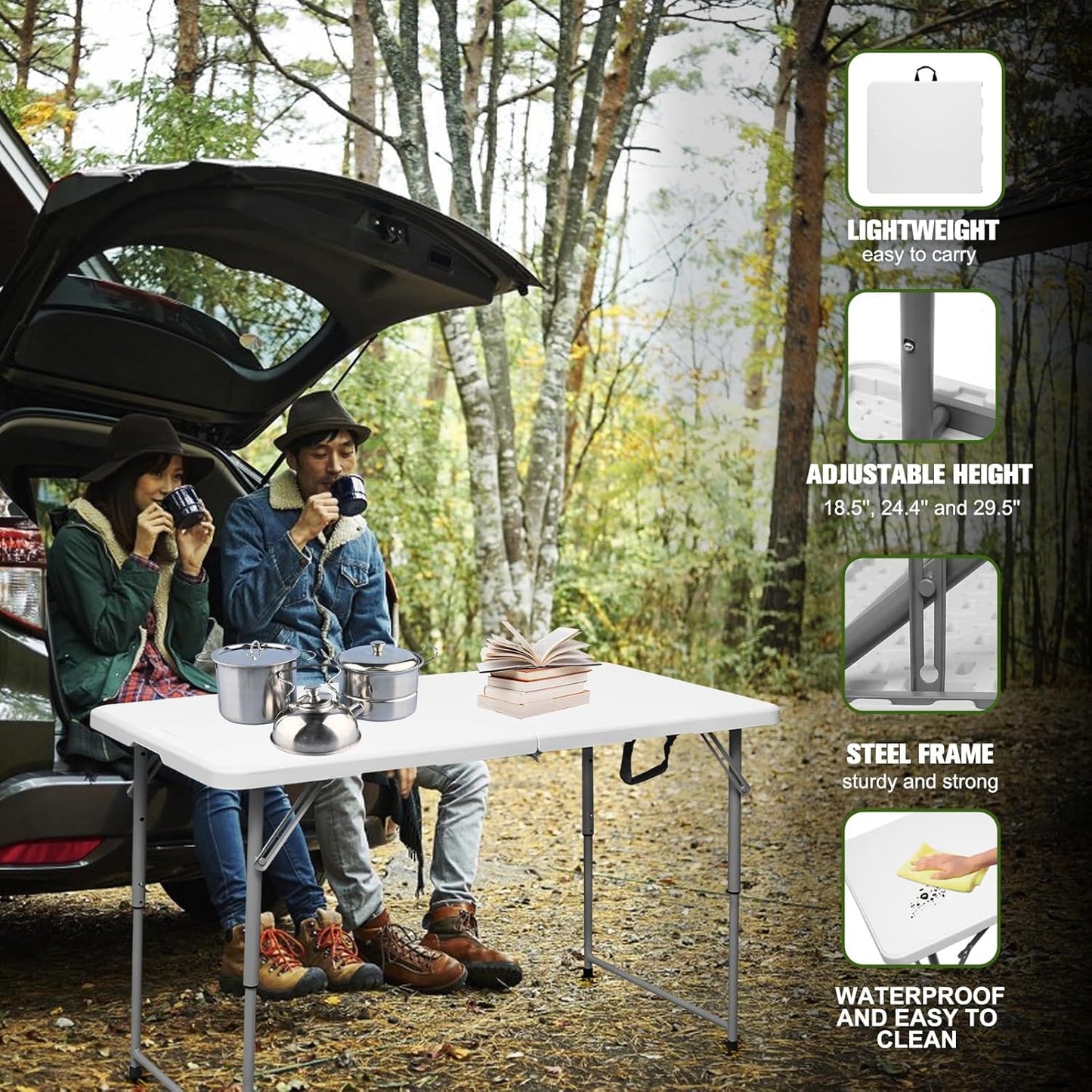 Folding Table 4 Foot Portable Heavy Duty Plastic Fold-in-Half Utility Table Small Indoor Outdoor Adjustable Height Folding with Carrying Handle, Camping and Party,White