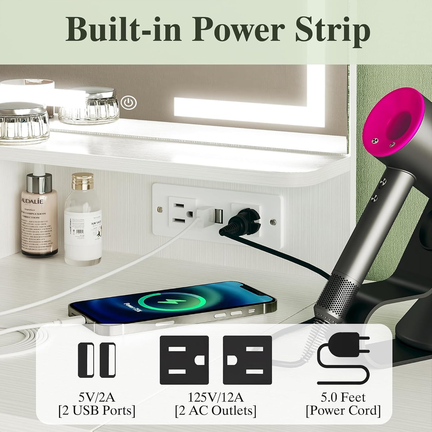 Makeup Vanity Desk with Mirror and Lights, Small Vanity with Fabric Storage Drawer & Chair & Shelves, White Vanity with Fold-up Panel and Power Outlet for Bedroom