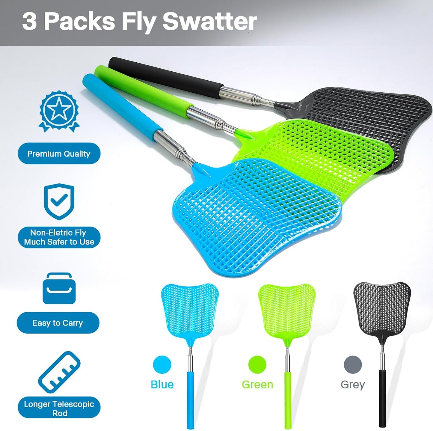 Telescopic Fly Swatter, Begonia Fly Swatter for Indoors,Manual Plastic Flyswatter Heavy Duty with Stainless Steel Telescopic Handle (3 Pack)