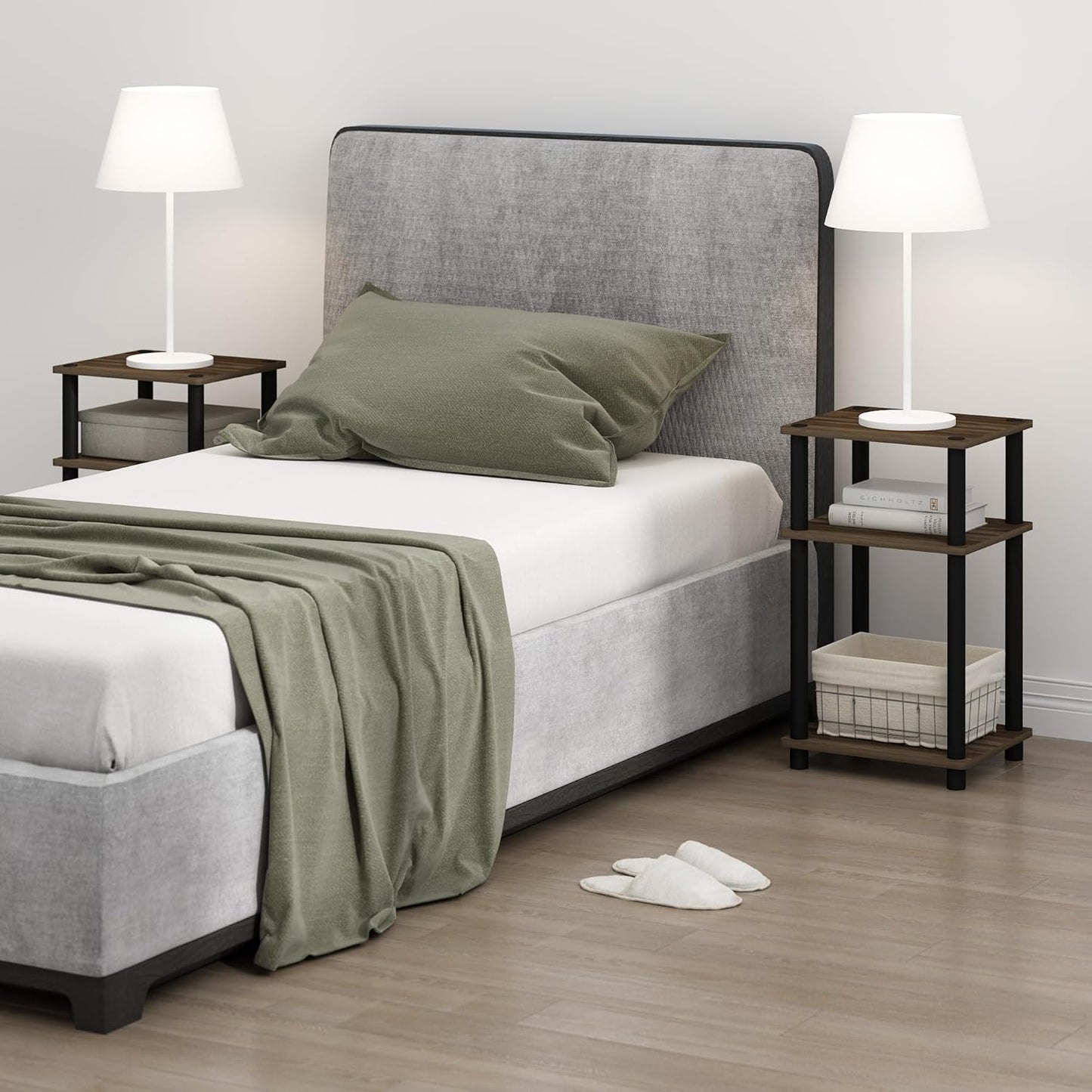 Furinno JUST Side Table, 3-Tier End Table, Open Shelves Night Stand, Bedside Table, Toolless Assembly, for Living Room, Bedroom, Bathroom, Columbia Walnut