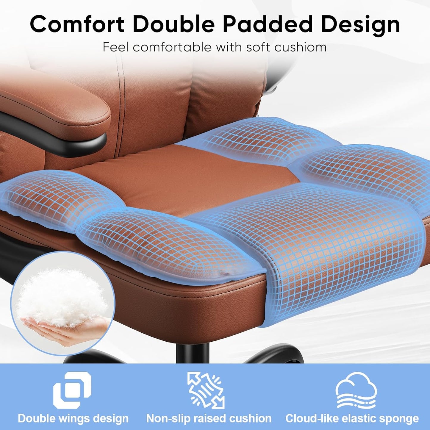 Executive Leather Office Chair, Computer Chair with Thick Cushion & Lumbar Support, Ergonomic Desk Chair with Adjustable Headrest & Armrests,Brown