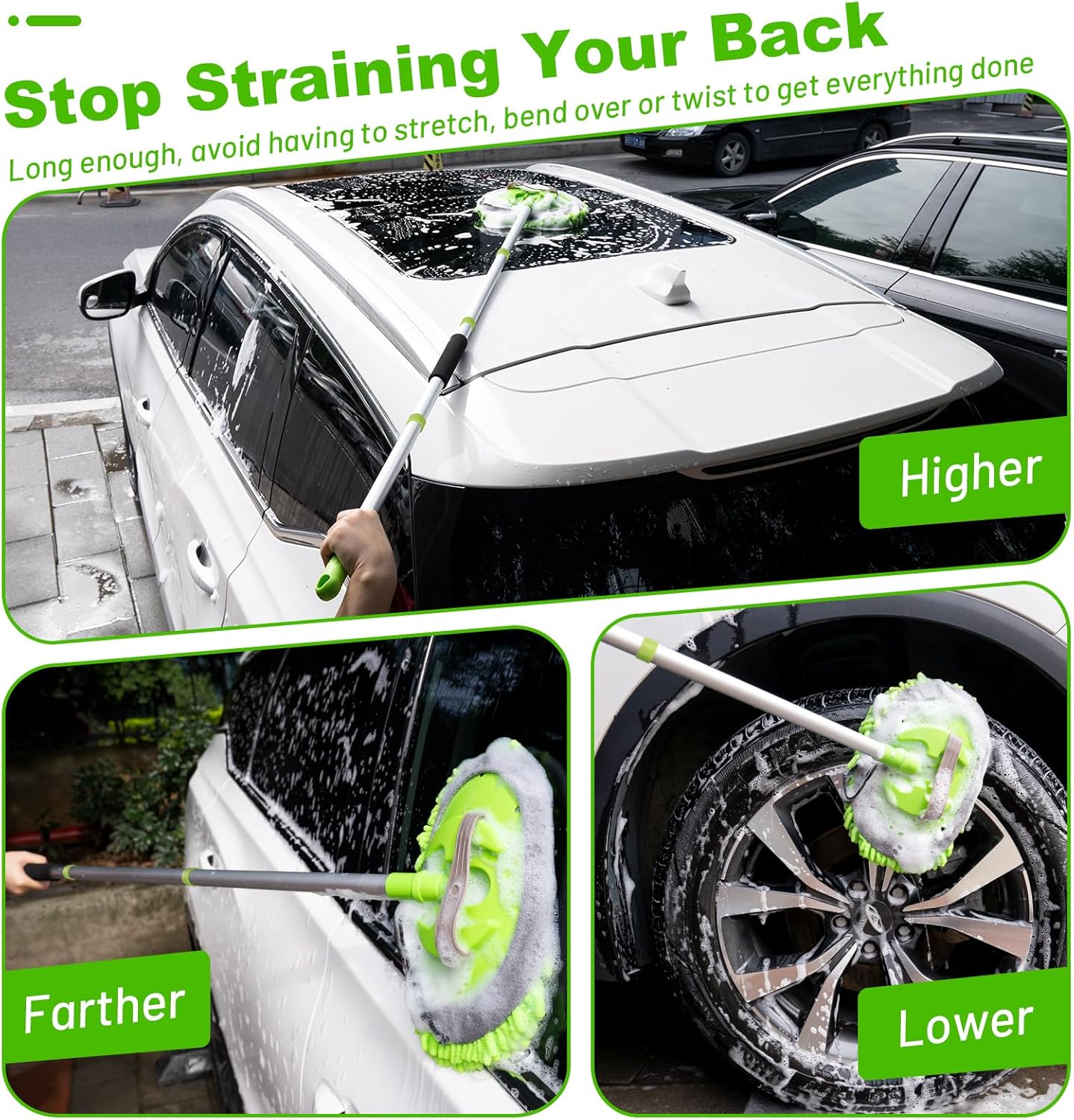 Ordenado 62" Car Wash Brush Kit Mitt Mop Sponge with Long Handle Chenille Microfiber Car Cleaning Brush Kit Supplies Car Washing Mop Kit Car Care Kit of Scratch-Free Replacement Head for Car RV Truck