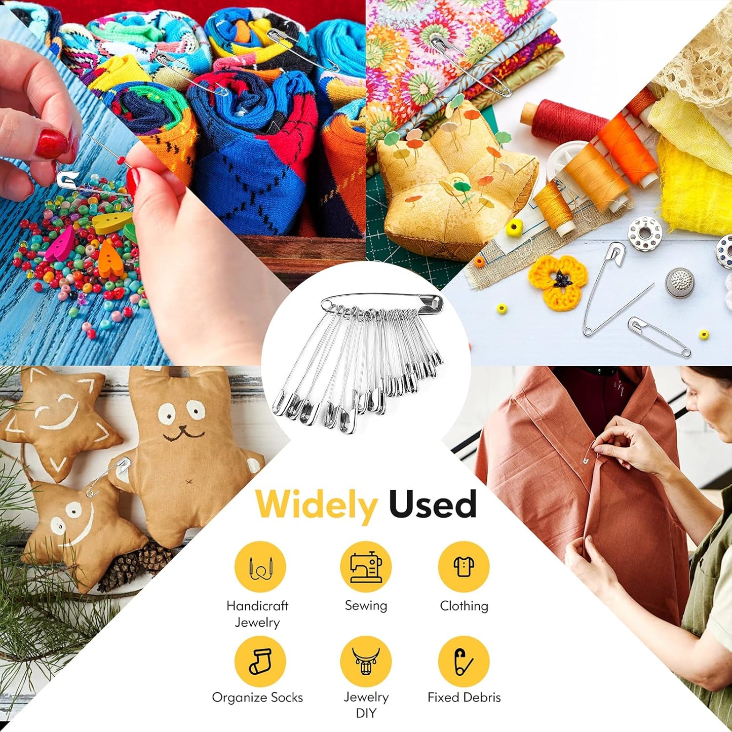 Huhuhero 160Pcs Safety Pins, Large & Small Safety Pins for Clothes Sewing Craft, Nickel Plated Steel Assorted Size Pins Bulk, Art and Craft Supplies (Sliver)