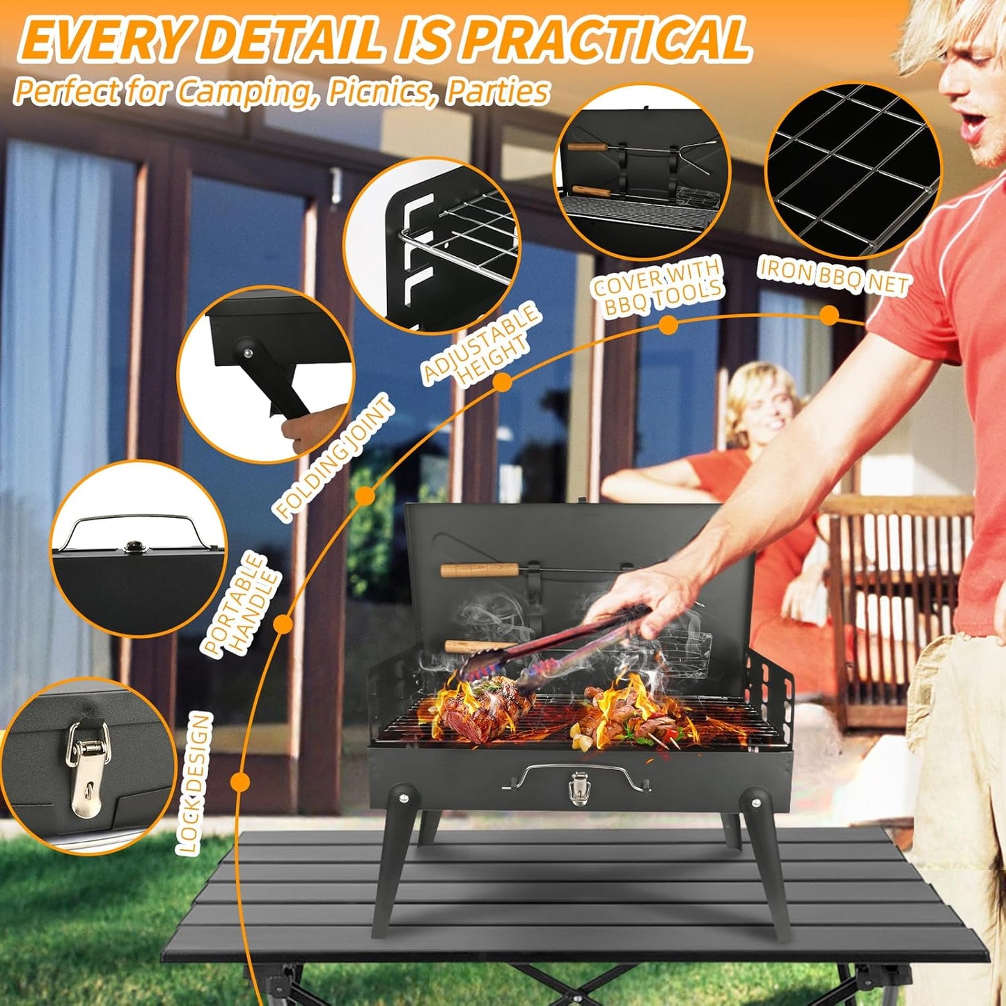 Portable Charcoal Grill Foldable BBQ Grill Kit - Compact Camping Grill for Outdoor BBQ, Cooking, Picnics, Beach, Backyard - Barbecue Accessories with Grill Tools