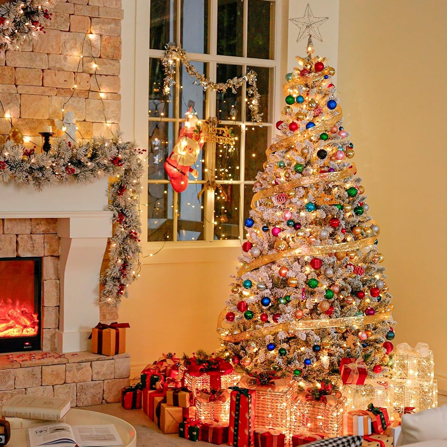 Hykolity 6 ft Prelit Snow Flocked Christmas Tree, Artificial Christmas Tree with 250 Warm White Lights, 1032 Tips, Metal Stand and Hinged Branches