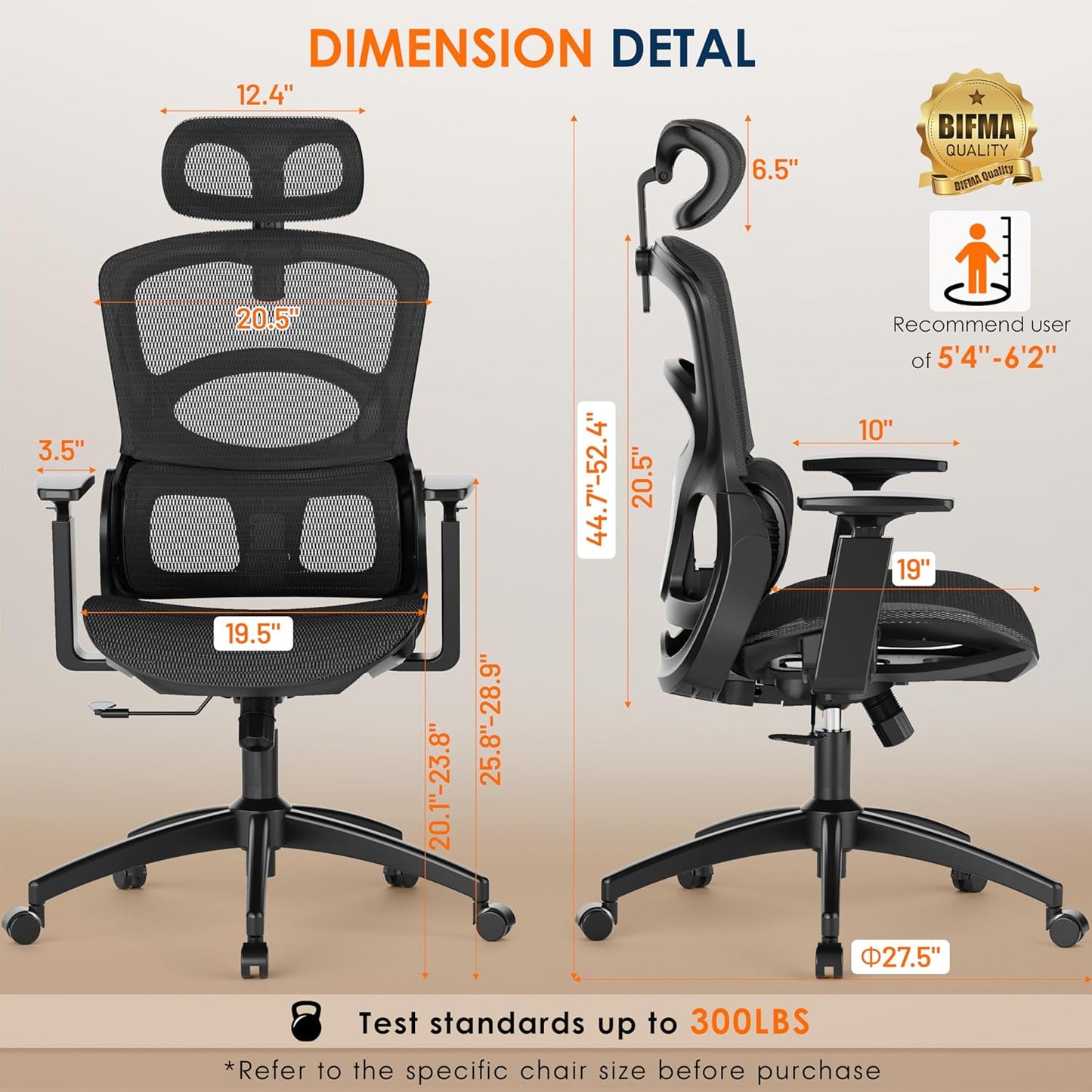 GABRYLLY Ergonomic Office Chair, High-Back Desk Chairs with Adjustable Lumbar Support, Headrest, Tilt Function, Soft Wide Seat and 3D Armrest, 300 LBS Sturdy Home Mesh Chair Task Chairs, GY1070