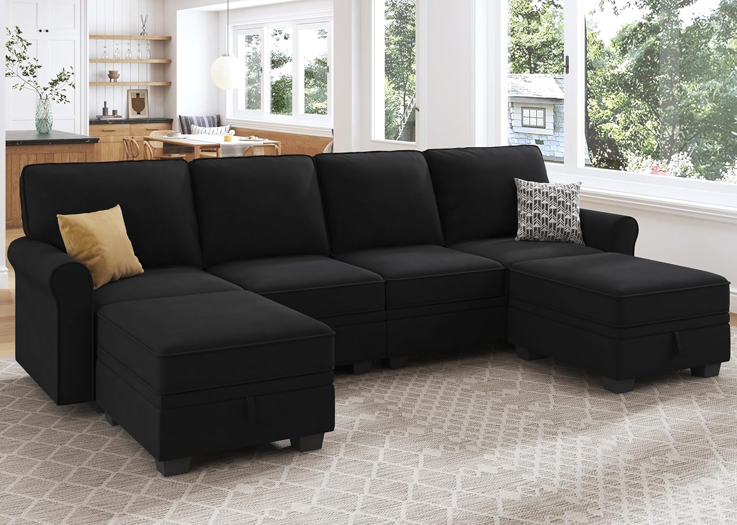 HONBAY Sectional Sofa with Storage Seat Velvet U Shaped Couch with Reversible Chaise Convertible Sectional Couches for Living Room,Black Velvet