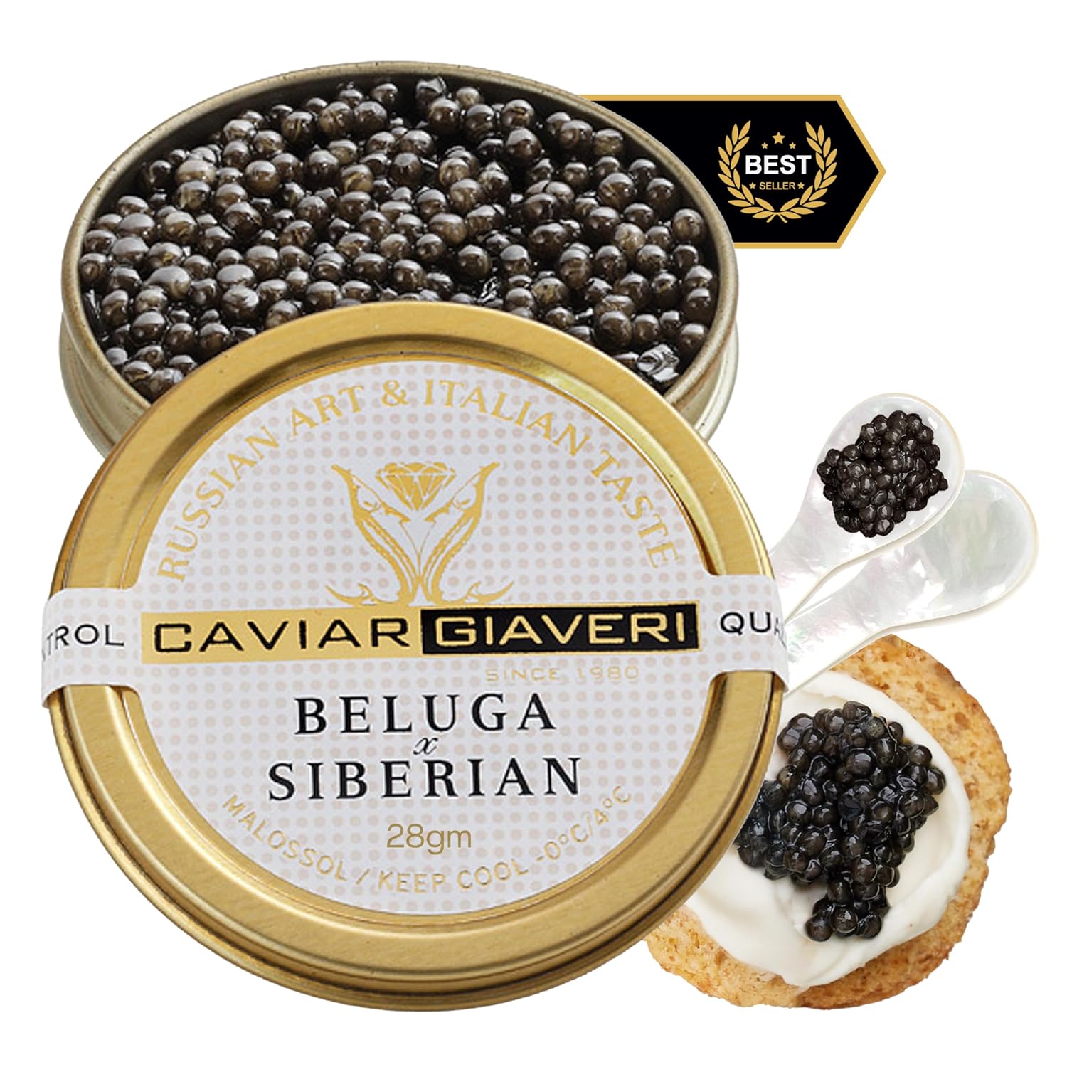 OVERNIGHT GUARANTEED, Bester’s Royal Beluga Hybrid Caviar Gift Set - Rated Best Black Caviar in the World, 1oz (28G) Glass Jar with Free Blinis, Spoons, Gift Set (Huso huso x baerii)