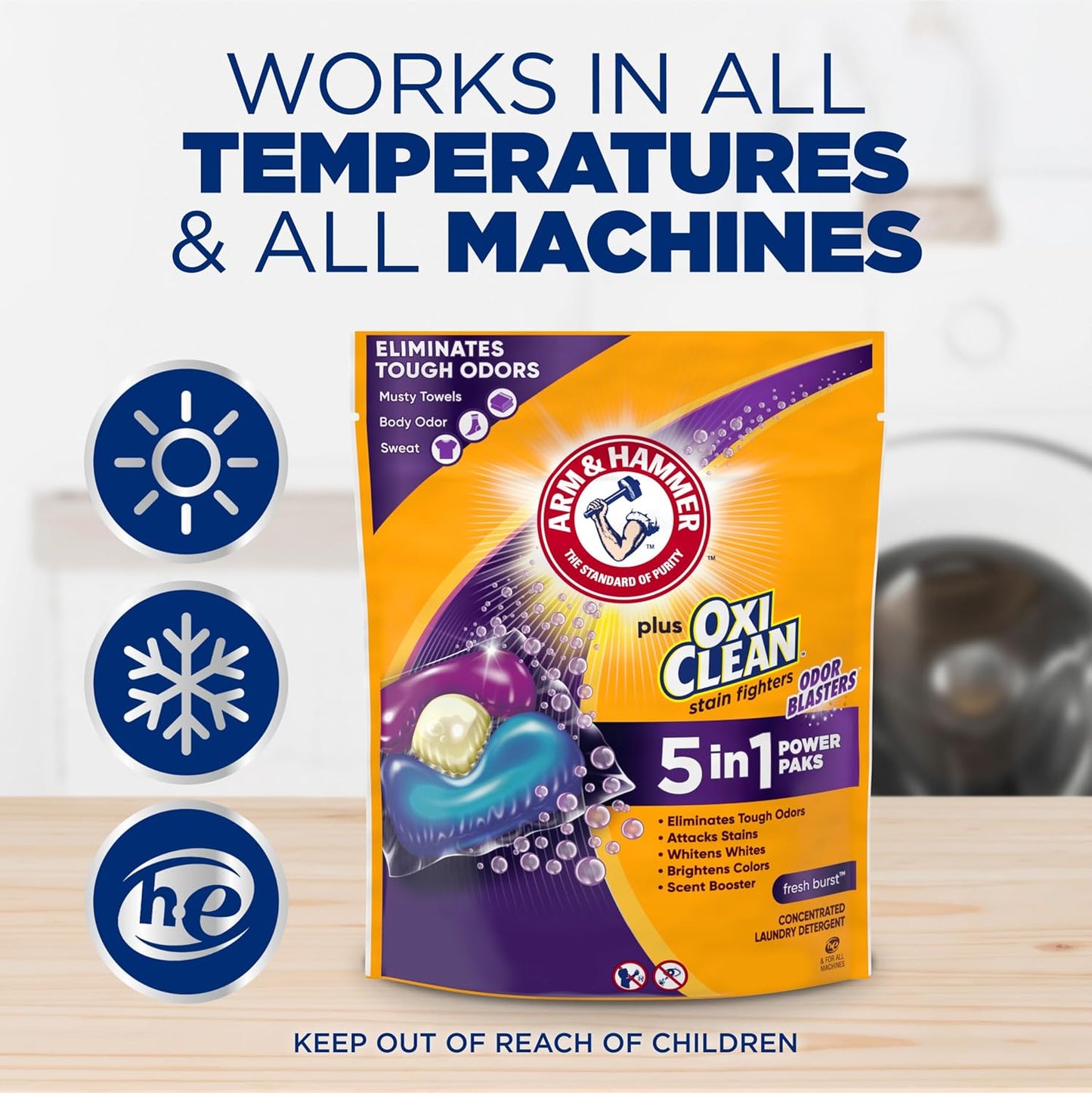 ARM & HAMMER Plus OxiClean with Odor Blasters 5-in-1 Laundry Detergent Power Paks, Laundry Odor Remover, Eliminates Odors, Attacks Stains, Fresh Burst Scent, 42 Count