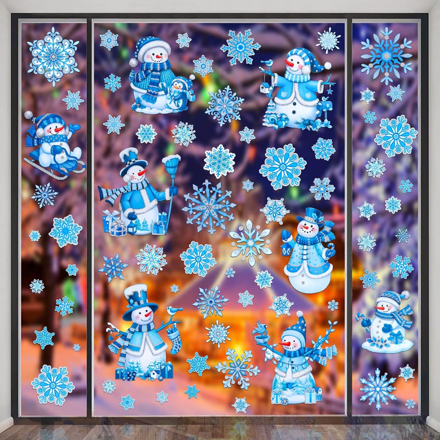 Christmas Window Clings for Glass Snowman Window Stickers Glitter Powder Craft Static Xmas Glitter Window Decals Xmas Snowflake Decals for Christmas Decorations Indoor 4 Sheets