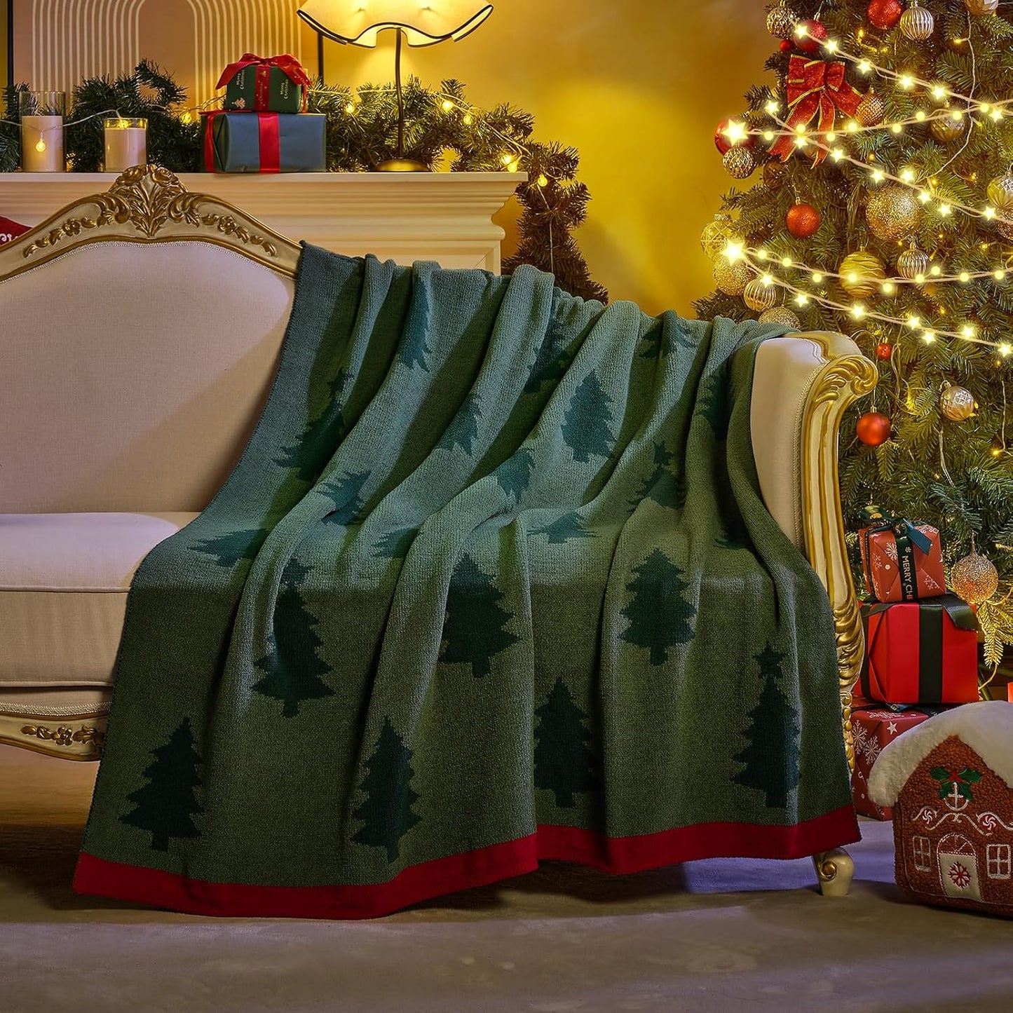 Amélie Home Christmas Throw Blanket for Couch, Reversible Pattern Christmas Tree Themed, Chenille Knit Xams Soft Cozy for Bed Home Decor Gift for Family, 50" x 60", Christmas Tree