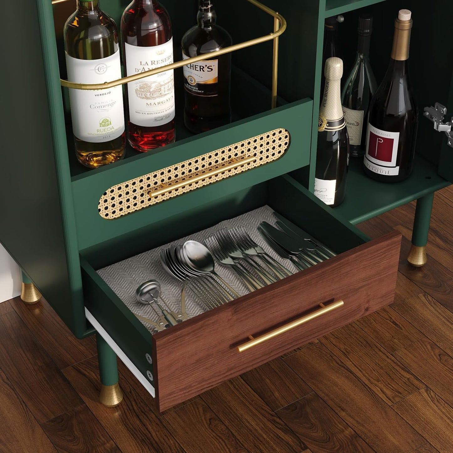 ARTPOWER Modern Coffee Bar Cabinet with Wine Glass Rack and Drawers, Green Liquor Cabinet with Pull-Out Wine Storage for Kitchen, Dining Room, Living Room