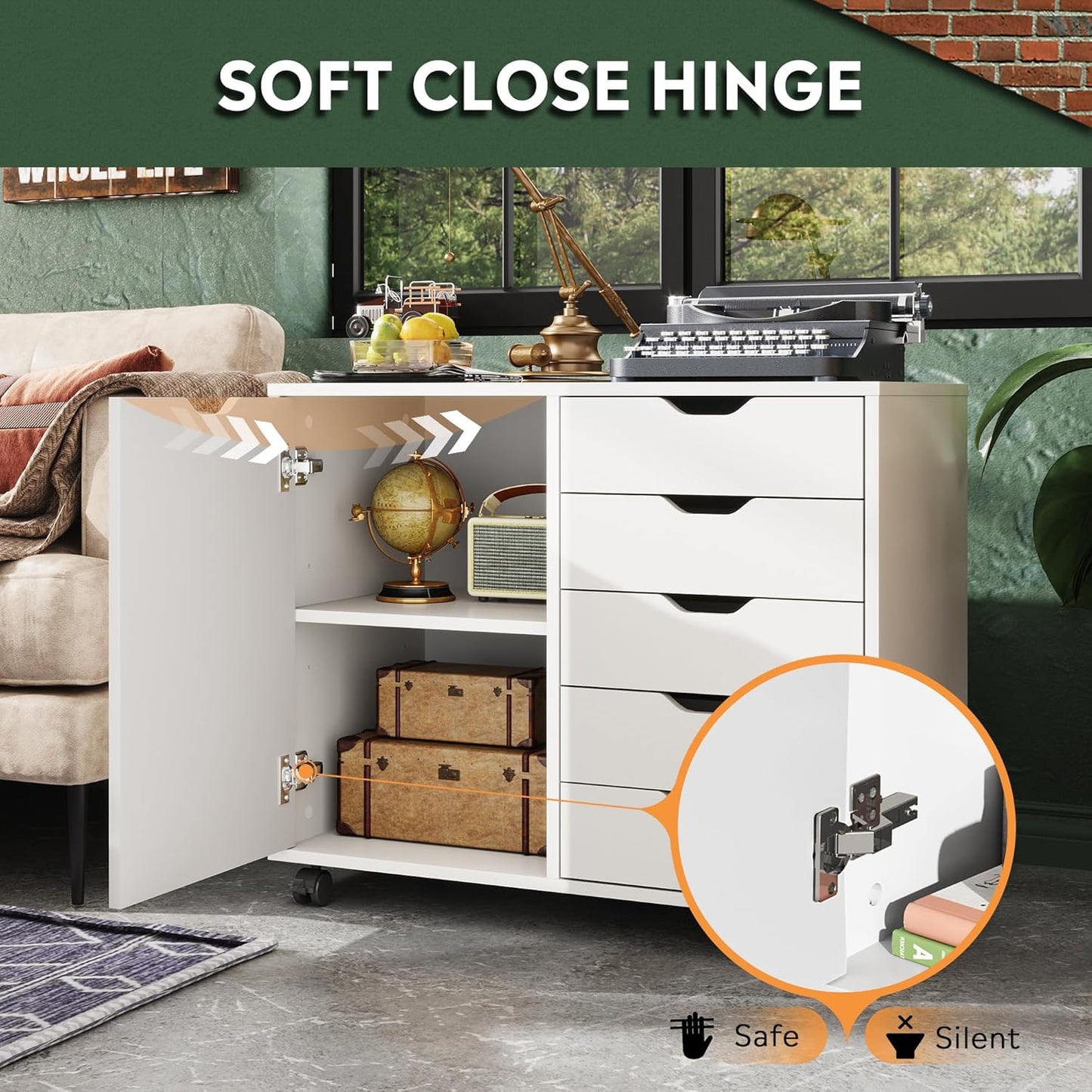 DEVAISE 5-Drawer Wood Drawer Cabinet, Office Storage Cabinet with Adjustable Shelf & Wheels, Printer Stand for Home Office, White