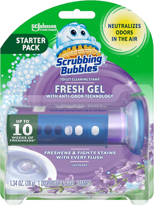 Scrubbing Bubbles Fresh Gel Toilet Bowl Cleaning Stamps, Helps Keep Toilet Clean and Helps Prevent Limescale & Rings, Lavender Scent, 1 Dispenser with 6 Fresh Gel Stamps