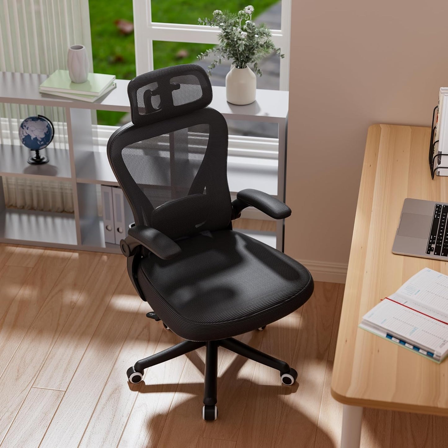 Computer Desk Chair, Ergonomic Office Chair M903 with Wheels, High Back Mesh Office Chair with Adjustable Lumbar Support, Headrest, Flip-Up Armrests, Black