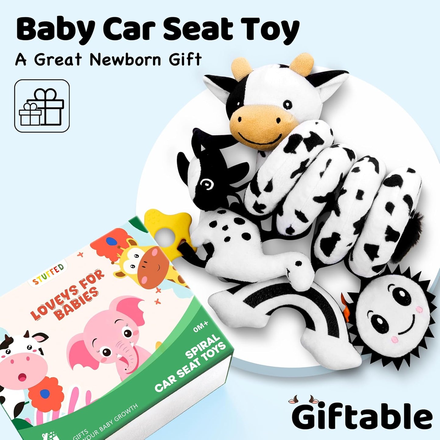 Spiral Car Seat Baby Toys 0-6 Months, Infant Carseat High Contrast Sensory Toys Hanging Stroller Accessories, Newborn Shower Gifts for Baby Boys Essentials Stuff, Cute Black and White Cow