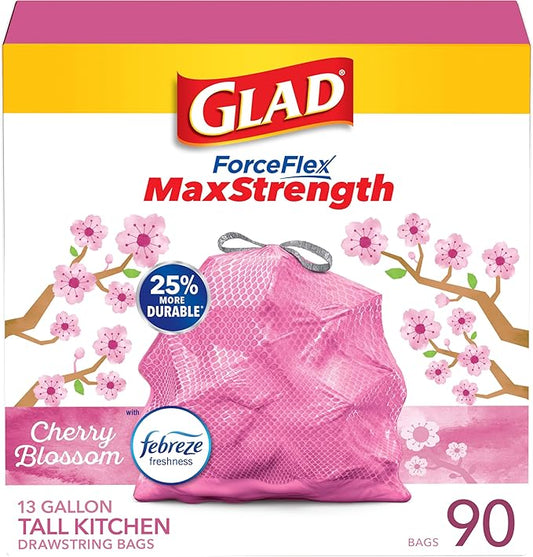 Glad ForceFlex MaxStrength Tall Kitchen Drawstring Trash Bags, 13 Gal, 90 Ct (Package May Vary)
