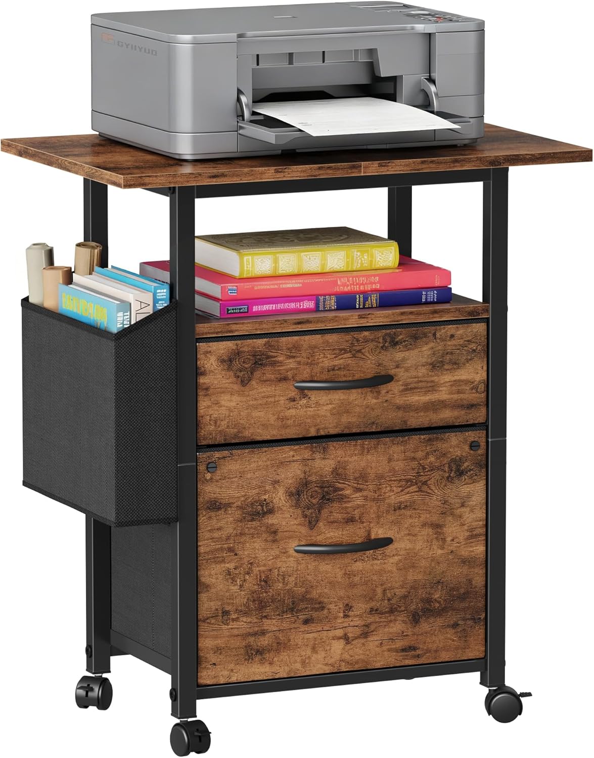 GYIIYUO 2 Drawer File Cabinet with 24'' Extended Desktop, Mobile Filing Cabinet, Rolling File Cabinet with Side Bag, Fabric Drawer, Fits A4/Letter Size, Printer Stand Home Office, Light Brown