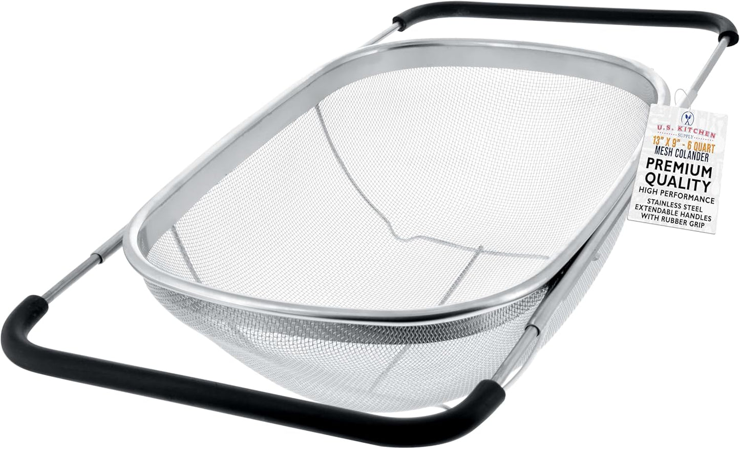 U.S. Kitchen Supply Stainless Steel Colander Strainer - 6-Quart Collapsible Colander with Expandable Rubber Handles - Rectangular Sieve, Fine Mesh Stainless Steel Strainers and Colanders for Kitchen